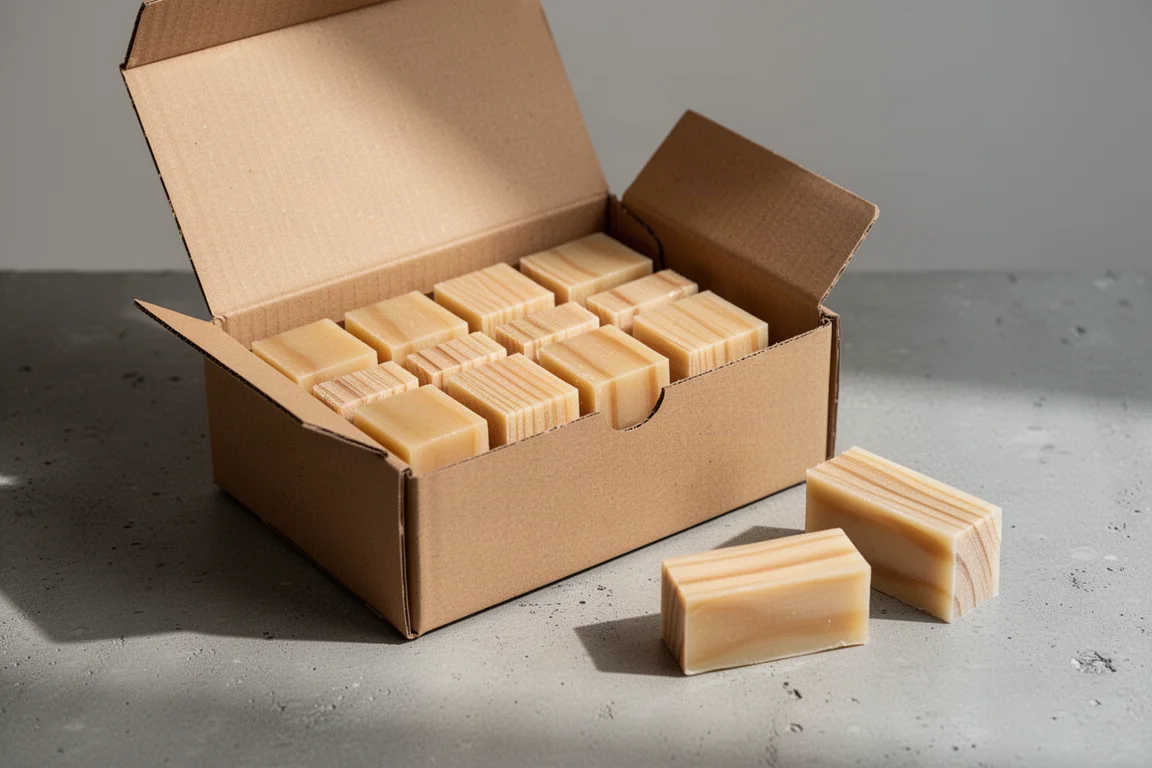 Open box of pinewood and wax fire starter blocks on a concrete surface