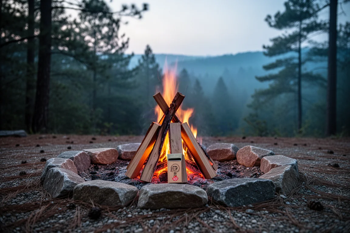 Kleines Lagerfeuer in einem Steinkreis in der Abenddämmerung, erste Flammen fangen am Anzündholz
