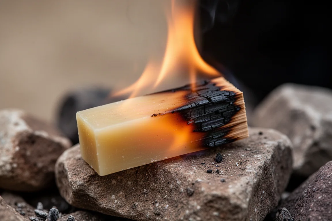 Nahaufnahme einer Flamme, die den Rand eines Kiefernholz- und Wachs-Feueranzünders auf Lagerfeuersteinen erfasst