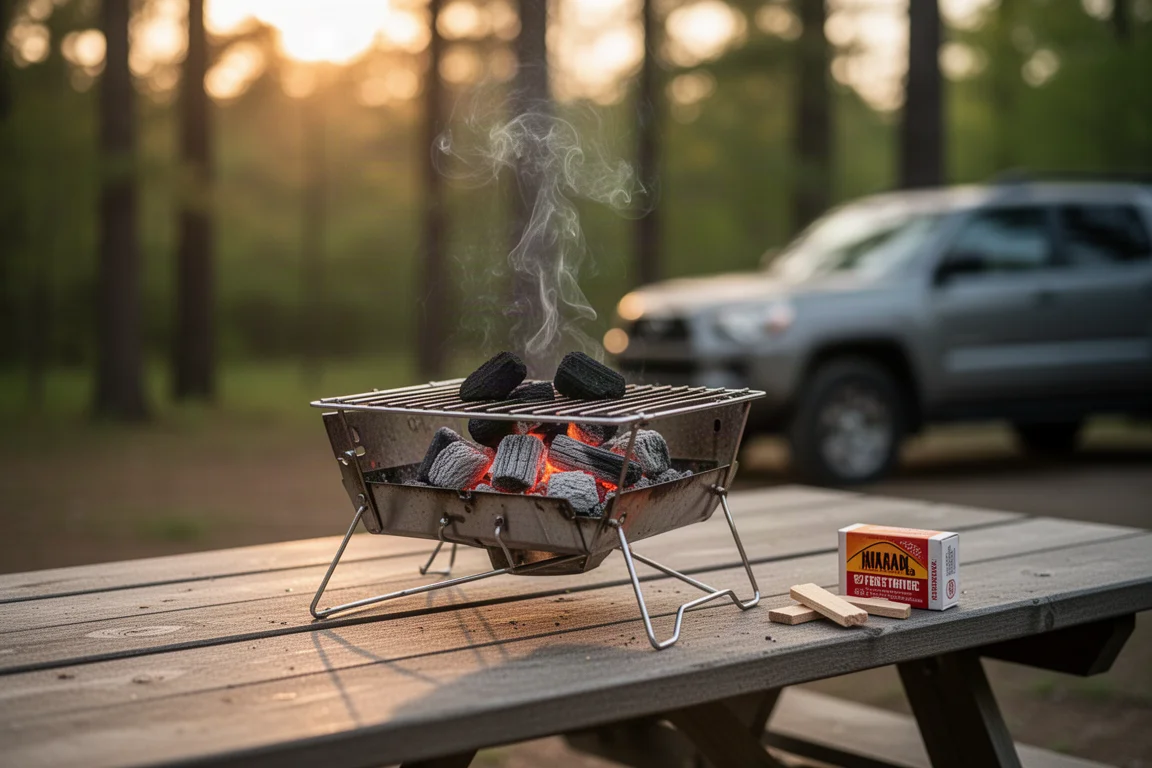 Tragbarer Campinggrill im goldenen Licht, Feueranzünder auf dem Tisch daneben