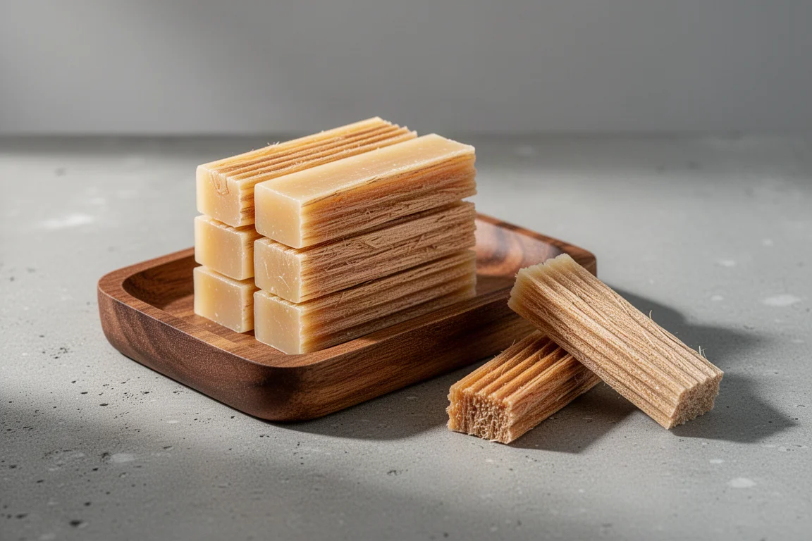 Pinewood and wax fire starters stacked in a wooden tray on a concrete surface