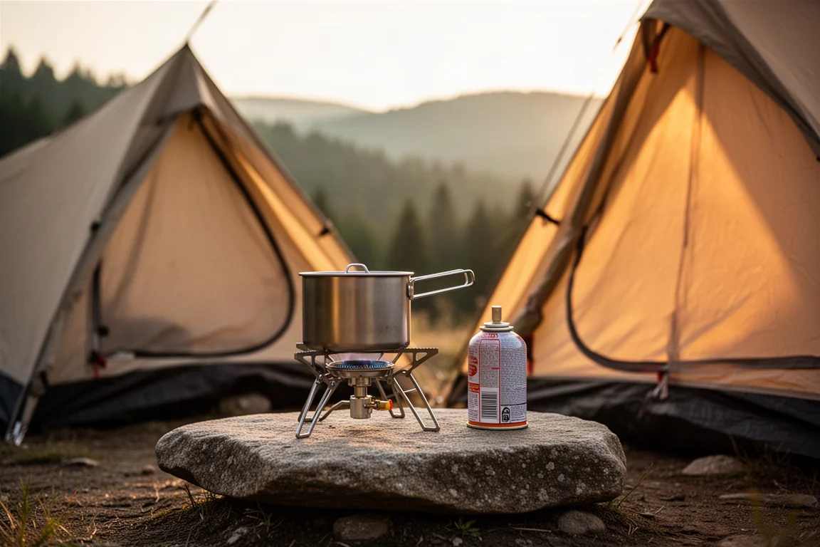 Pentolino da campeggio con acqua fumante su un fornello a cartuccia compatto all'alba in un campeggio