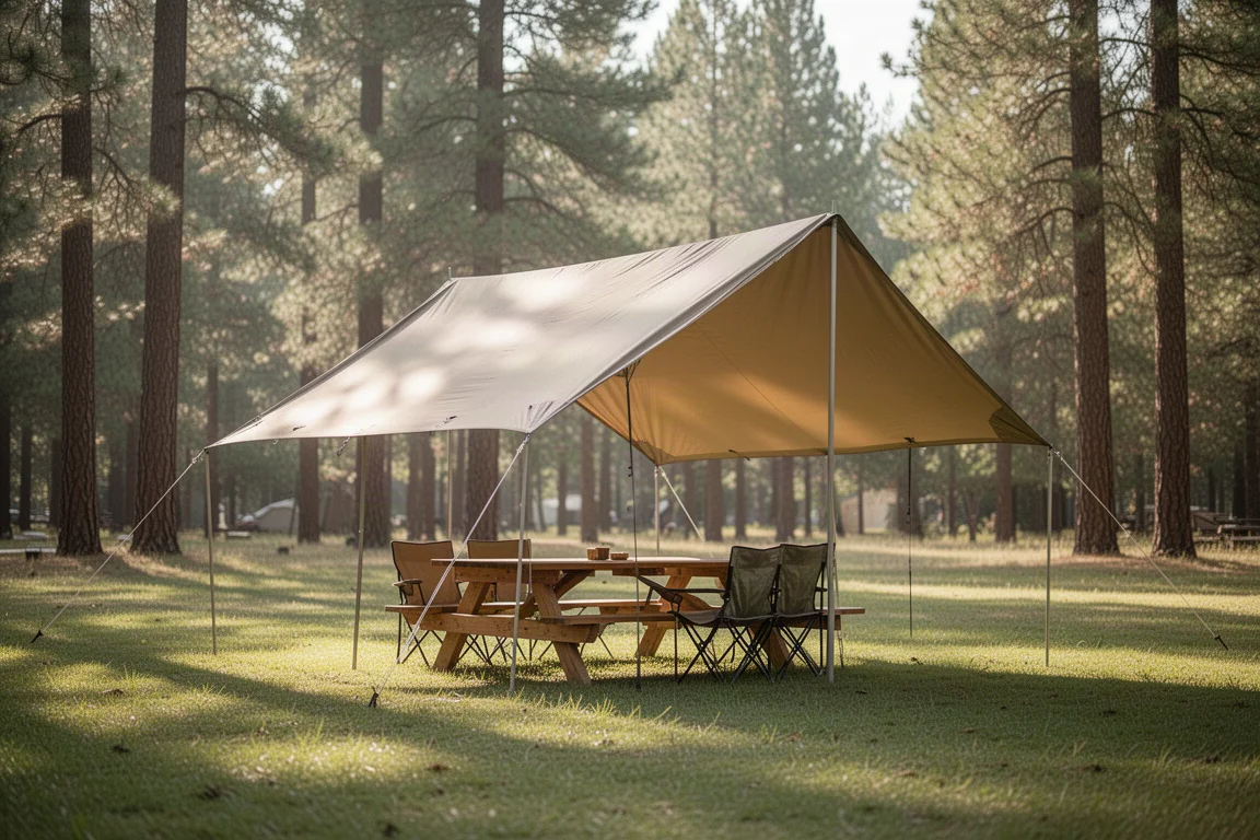 Draufsicht auf die Bestandteile des Camping-Tarp-Sets: gefaltetes Tarp, Stangen, Heringe und Abspannleinen