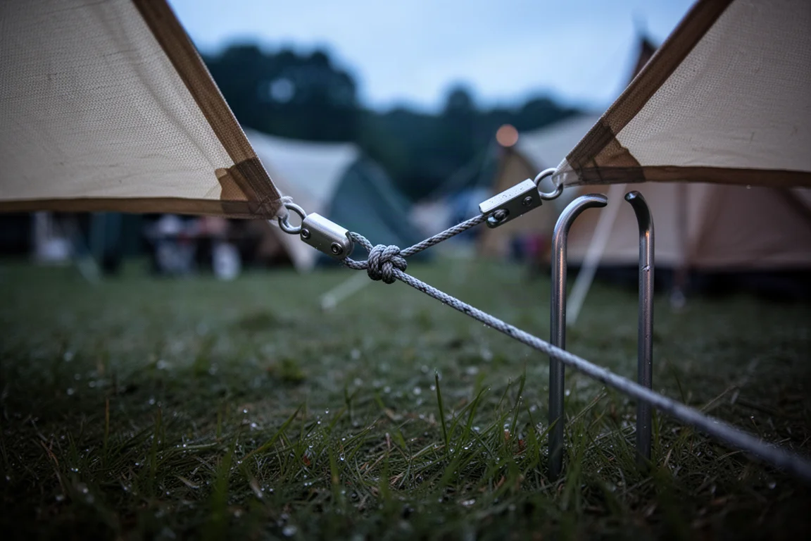 Nahaufnahme von Regentropfen, die auf hellem technischem Tarp-Gewebe in weichem Licht perlen