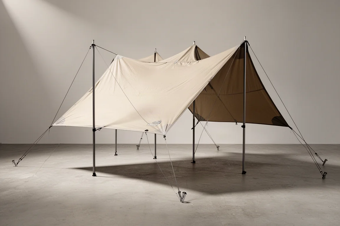 Large gabled camping tarp shelter pitched on three poles over a neutral concrete surface