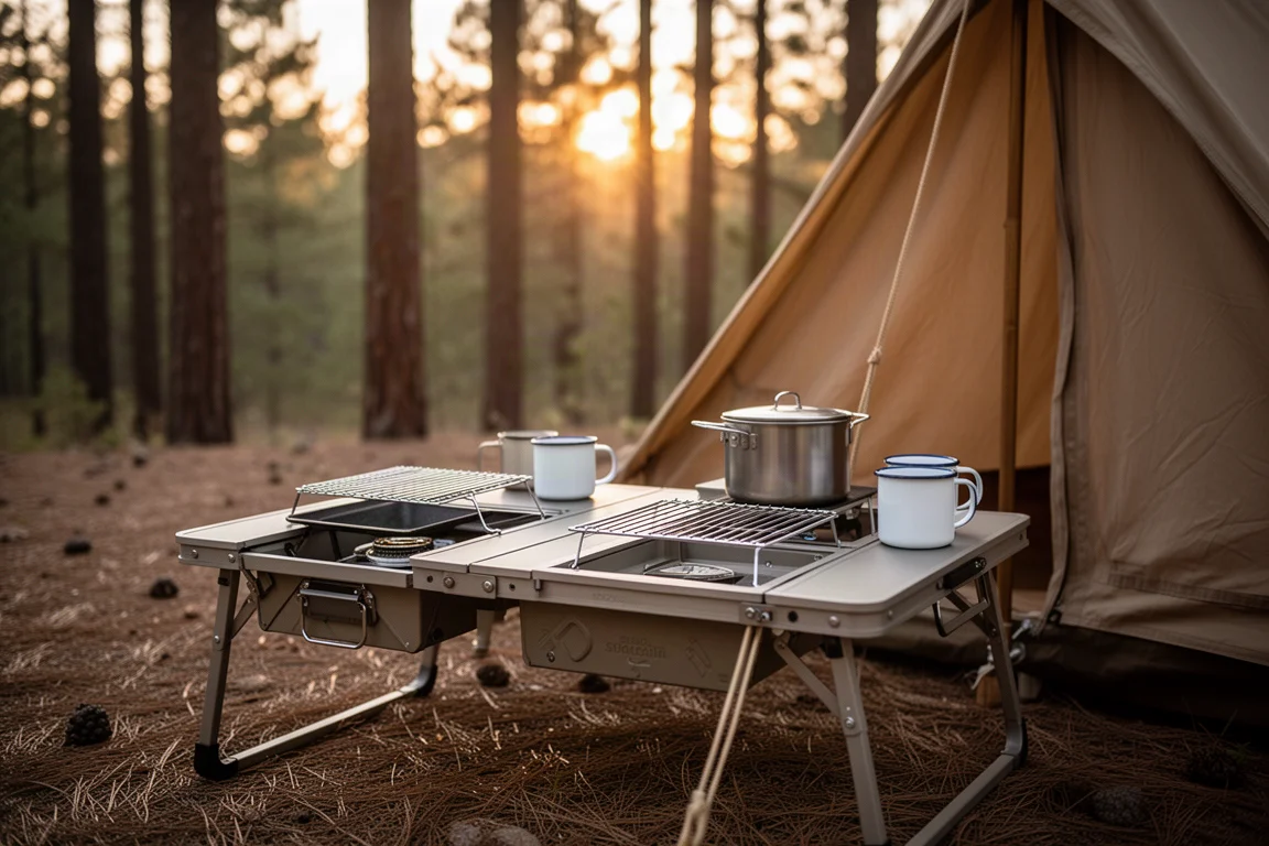 Table de camping modulaire basse avec un réchaud et un grill installés à côté d'une tente à l'heure dorée