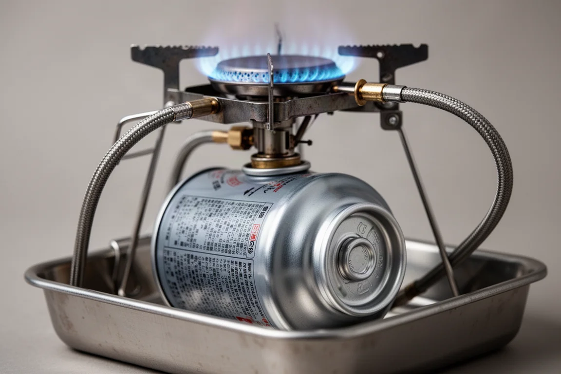 Bouteille de gaz placée à l'envers dans un bac sous un brûleur de réchaud de camping avec une flamme bleue