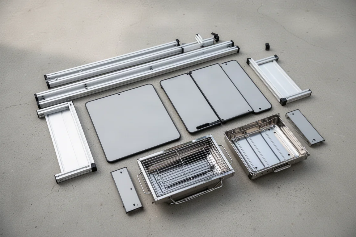 Vue de dessus à plat des panneaux de table de camping en aluminium démontés et d'un grill plié
