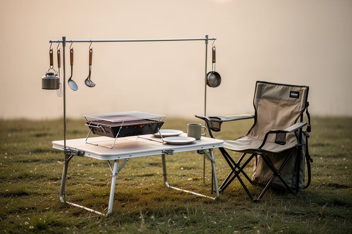 Chaise de camping tirée près d'une table basse avec un grill pliant chargé dessus sur un camping