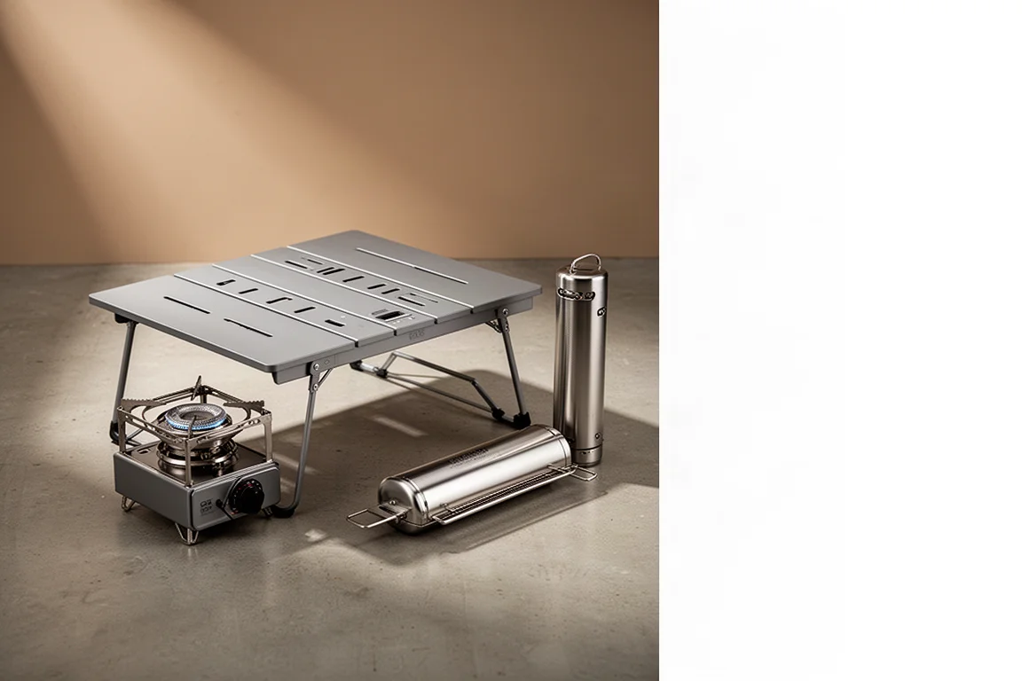 Low aluminum modular camp table with a folding stove and slim grill resting beside it