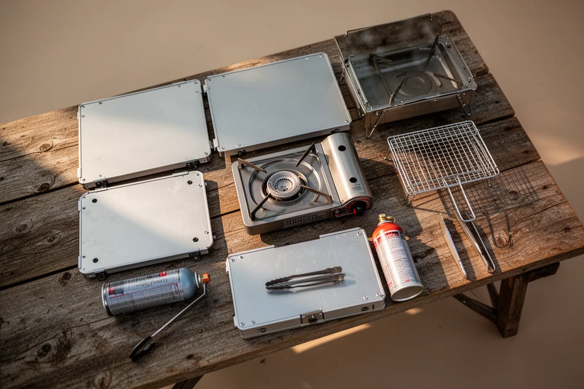 Vue à plat d'un ensemble de cuisson modulaire, réchaud, grill et pinces sur du bois patiné