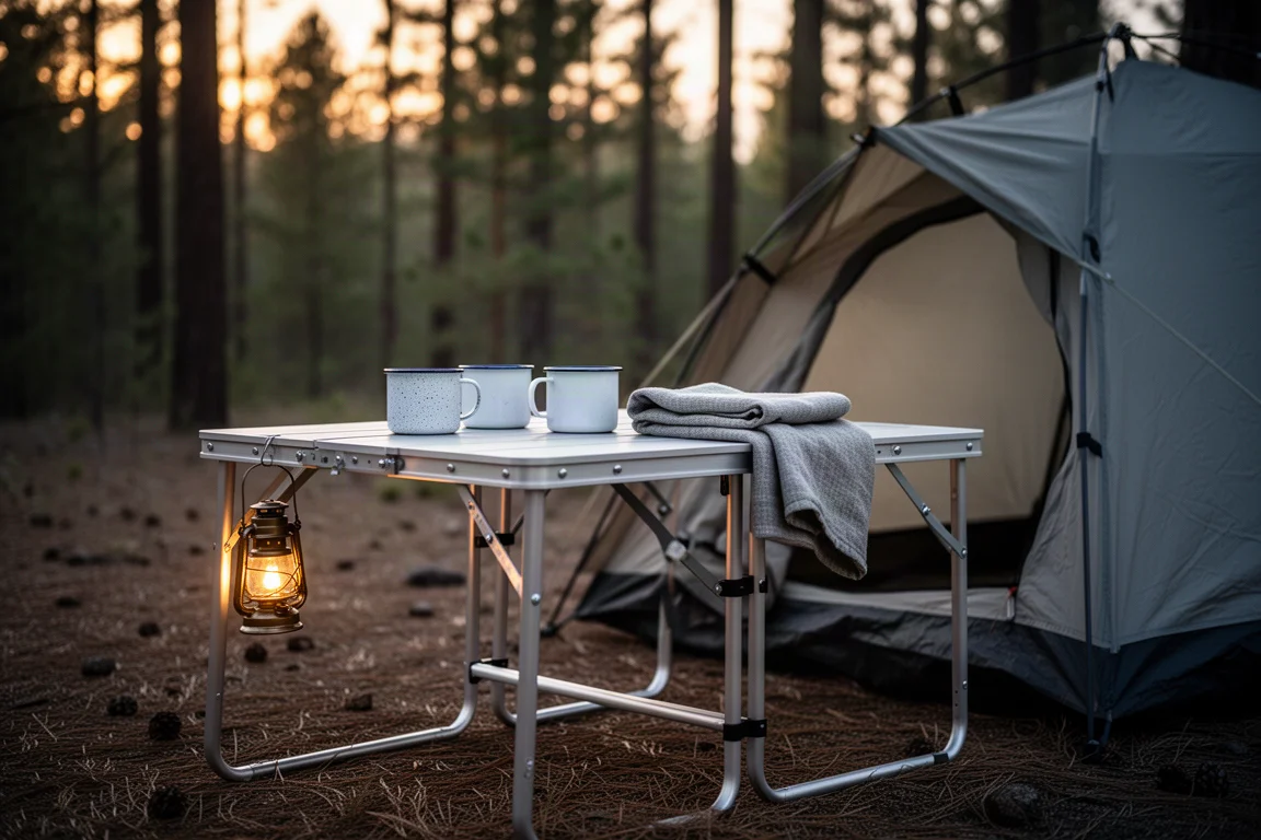 Table de camping basse en aluminium près d'une tente à l'heure dorée, avec tasses et lanterne suspendue