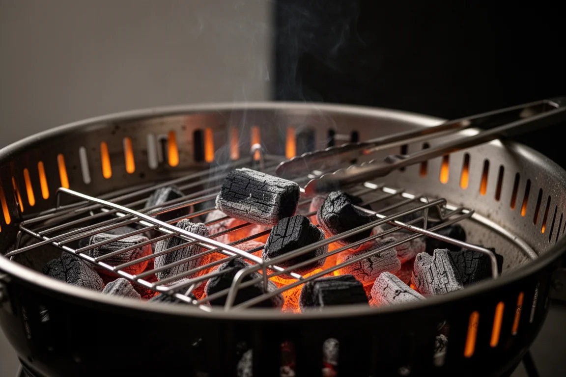 Braises incandescentes sous une fine grille en acier inoxydable avec de longues pinces sur le bord