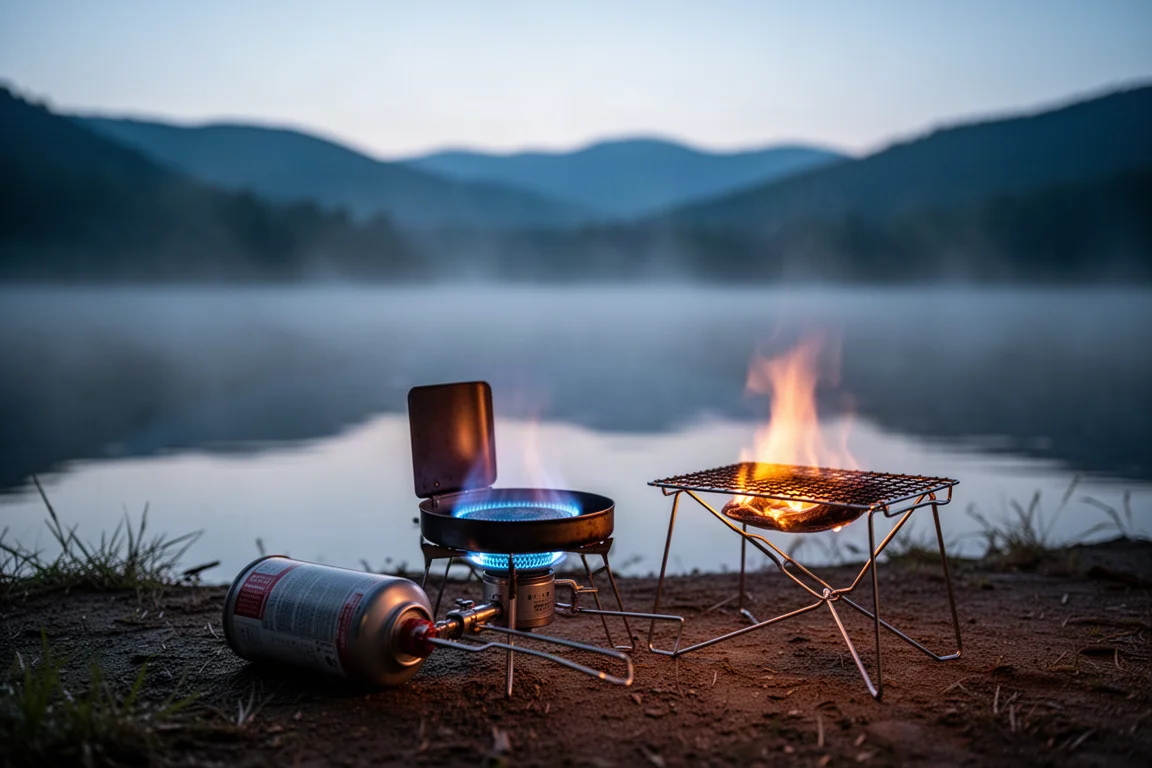 Installation de cuisson modulaire sur un camping au bord d'un lac au crépuscule avec une flamme bleue basse