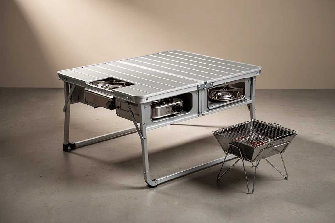 Modular aluminum camp table with a fitted stove and a small folding grill on a concrete surface