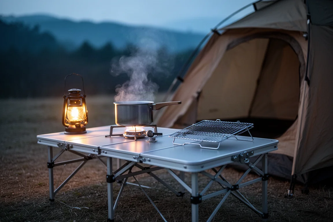 Vista dall'alto flat-lay dei componenti modulari della cucina da campeggio su una superficie in cemento