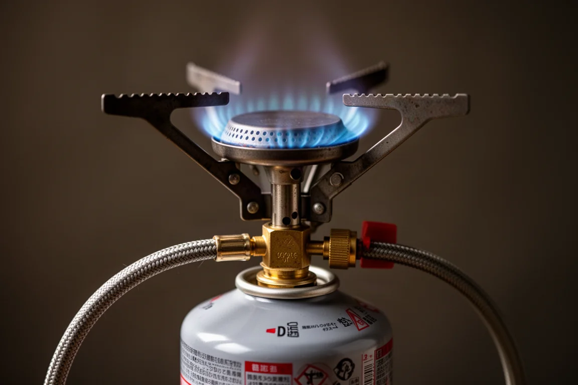 Bruciatore di un fornello a gas da campeggio acceso al crepuscolo con una bomboletta di carburante di fianco