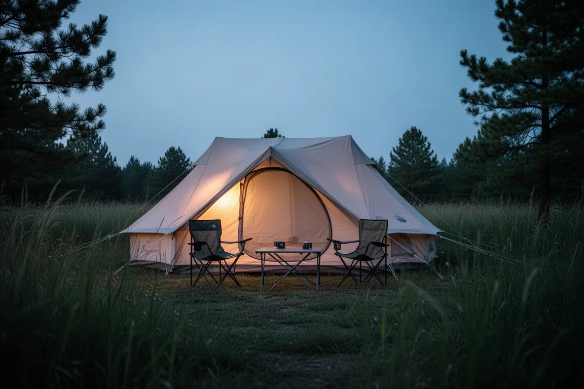 Large pale tent lit from within at a dusk campsite with chairs and a table nearby
