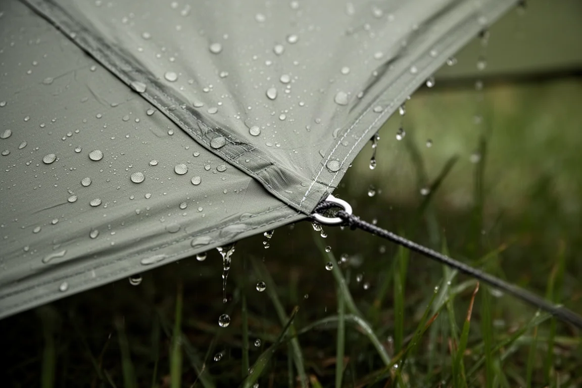 Rain beading on taut tent fly fabric with seam tape visible along a stitched seam