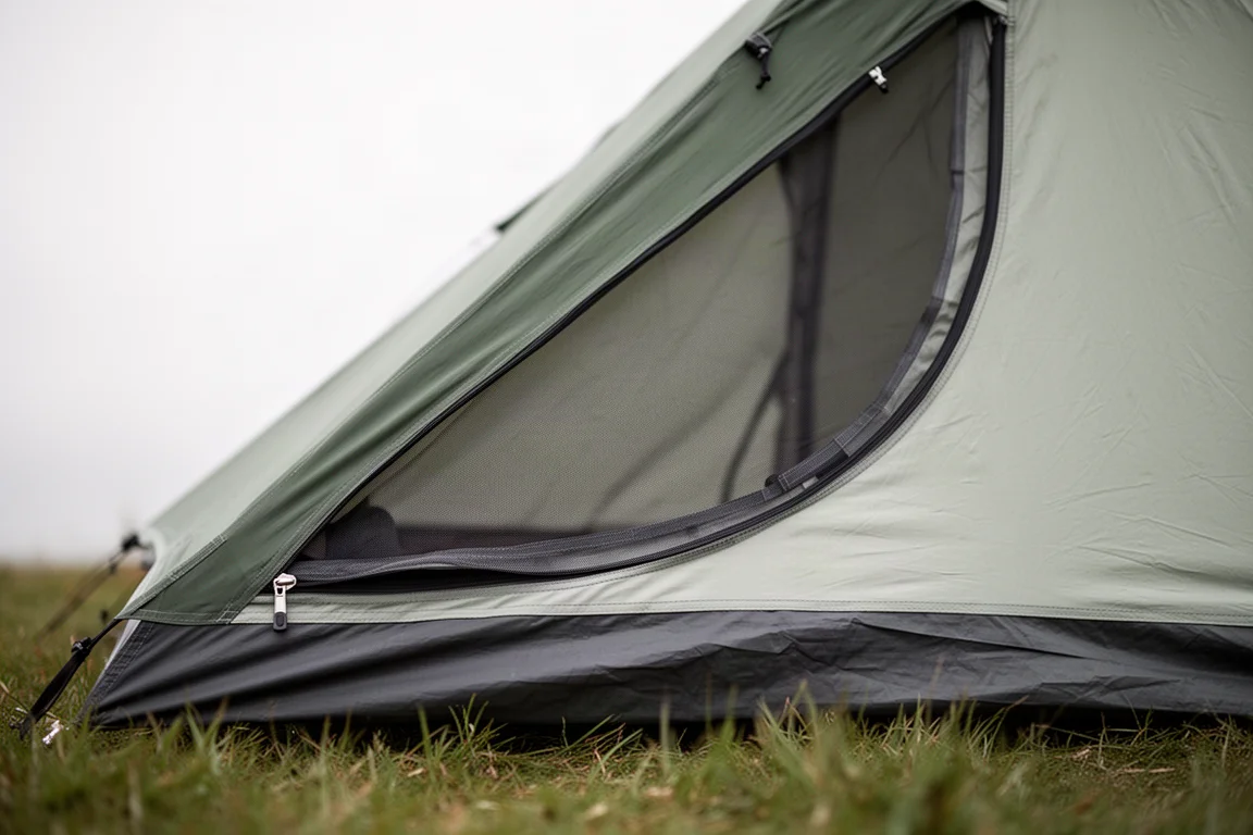 Low angled tent door with open zipper track and mesh inner visible behind the fly