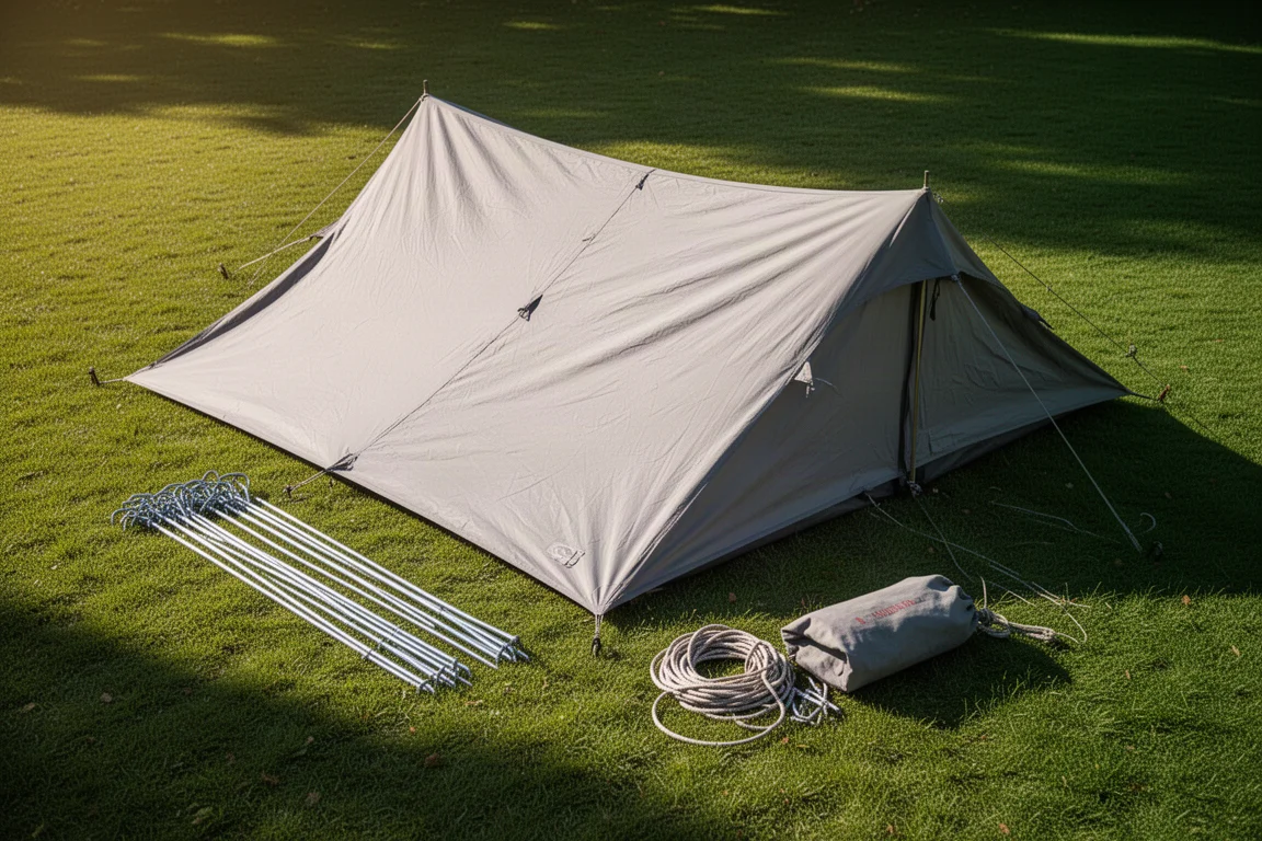 Large tent spread out to dry on a sunny lawn with guy lines and stakes laid beside it