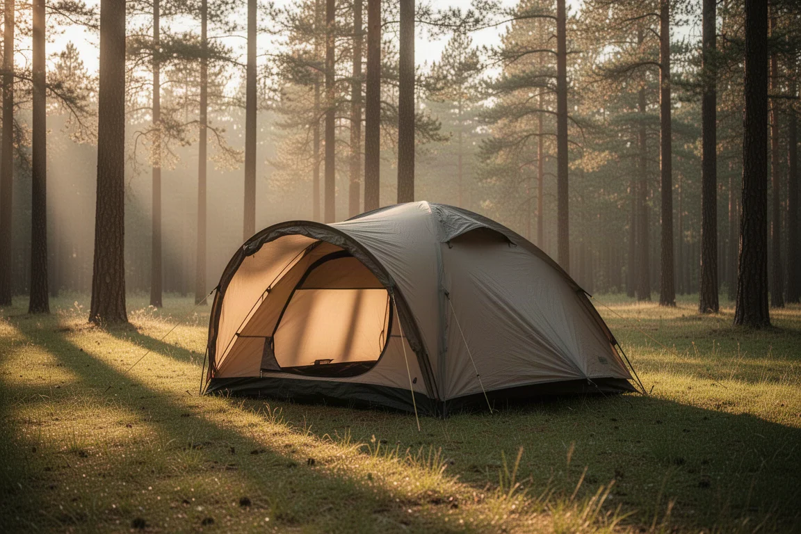 Stort tält uppställt bredvid en parkerad bil med campingstolar och ett bord i närheten