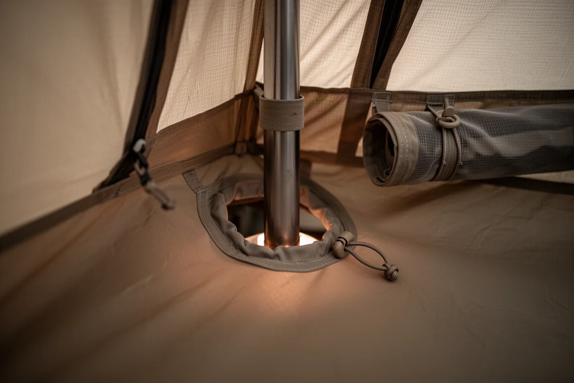 Packad tältpåse på en bilbaklucka bredvid ihopfällda campingstolar