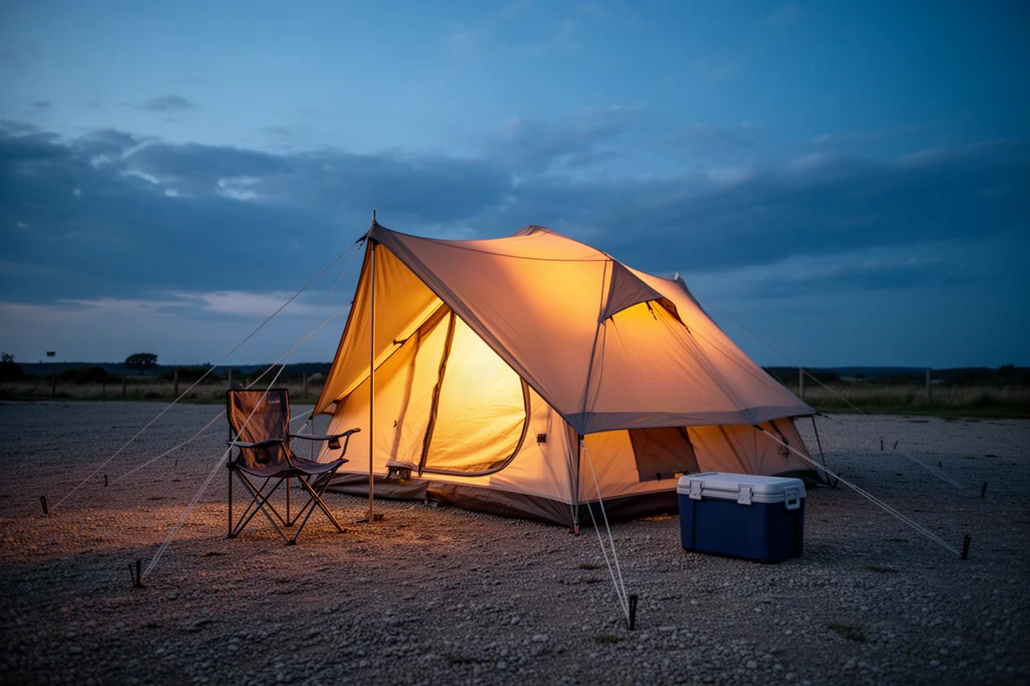 Vintercampingplats i skymningen med varmt ljus och rök från ett tältkaminrör