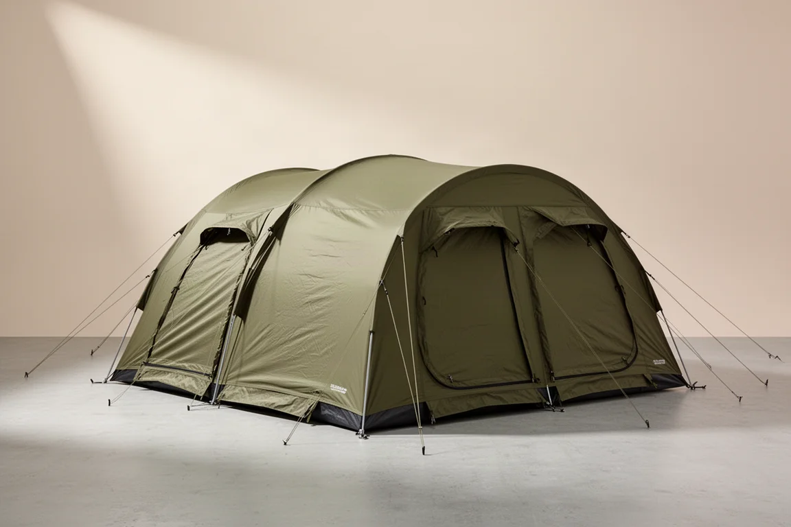 Large tunnel-style six-person tent with olive fly pitched on a neutral concrete surface
