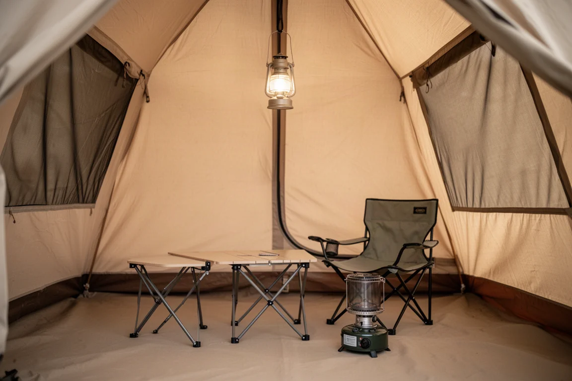 Interiör av ett stort tält med ett vikbart bord, campingstol och kök uppställda på golvet
