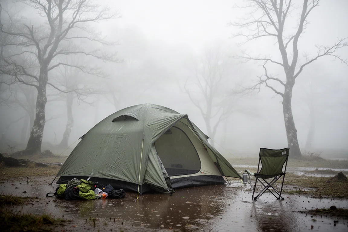 Bergscampingplats morgonen efter regn med ett stort tält som står på våt mark och låg dimma