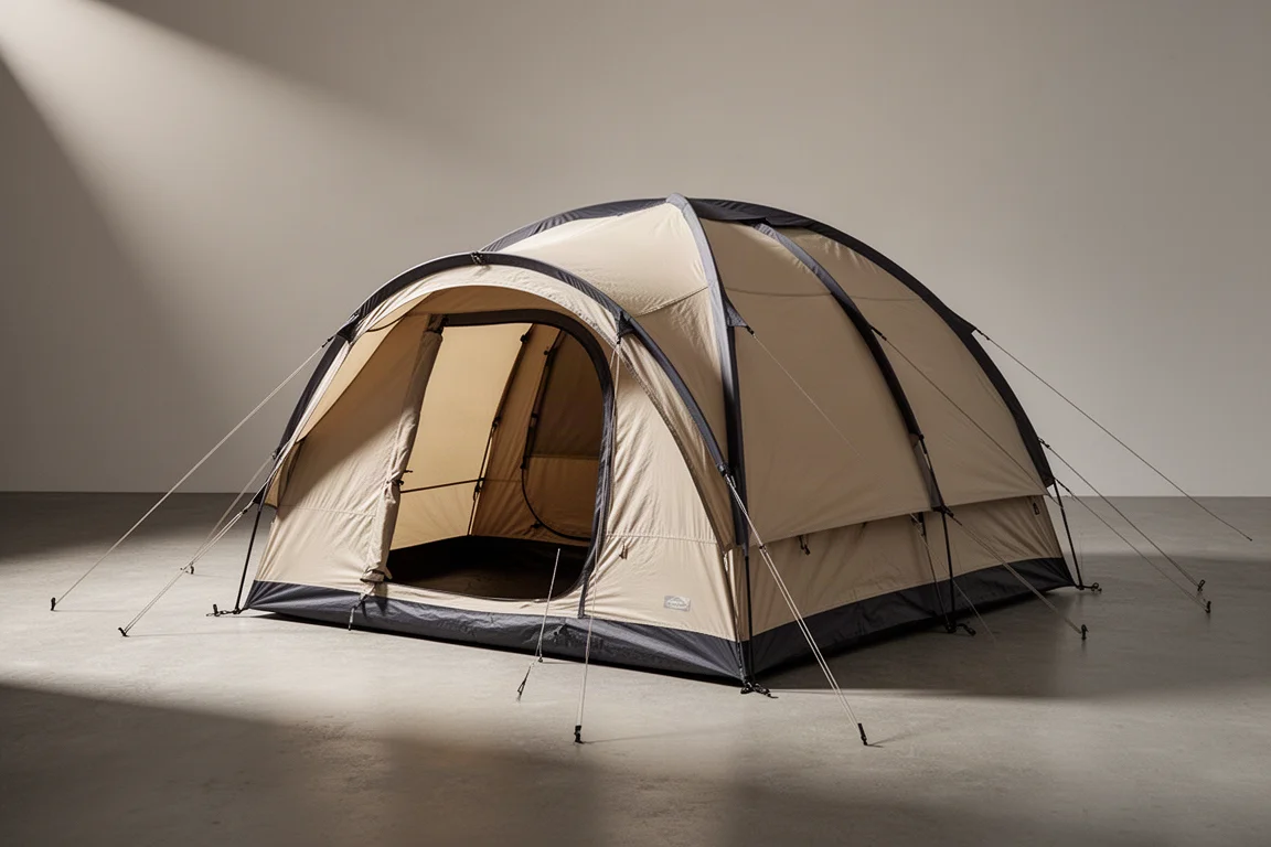 Large eight-person camping tent fully pitched with taut guy lines on a neutral surface