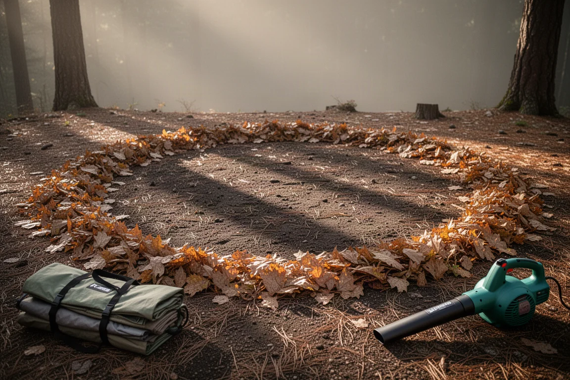 Cleared forest campsite floor with leaves pushed aside and a leaf blower at the edge