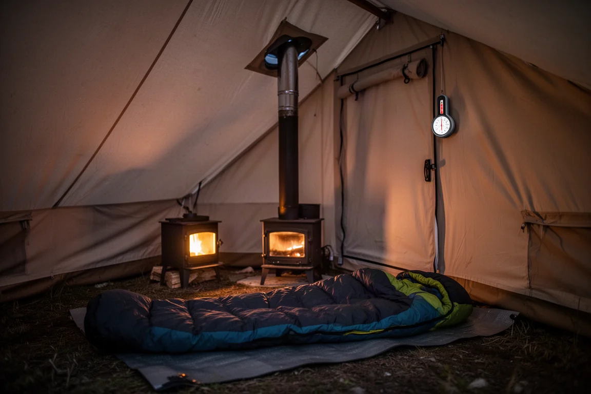 Interior of a hot tent at night with a glowing wood stove and a laid-out sleeping bag