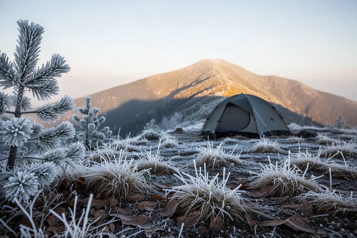 Frost-covered mountain ridge campsite at first light with a tent silhouette