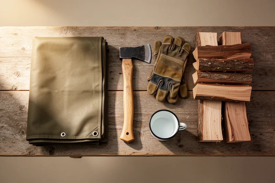 Overhead flat-lay of a ground sheet, hatchet, gloves, firewood and enamel mug on wood