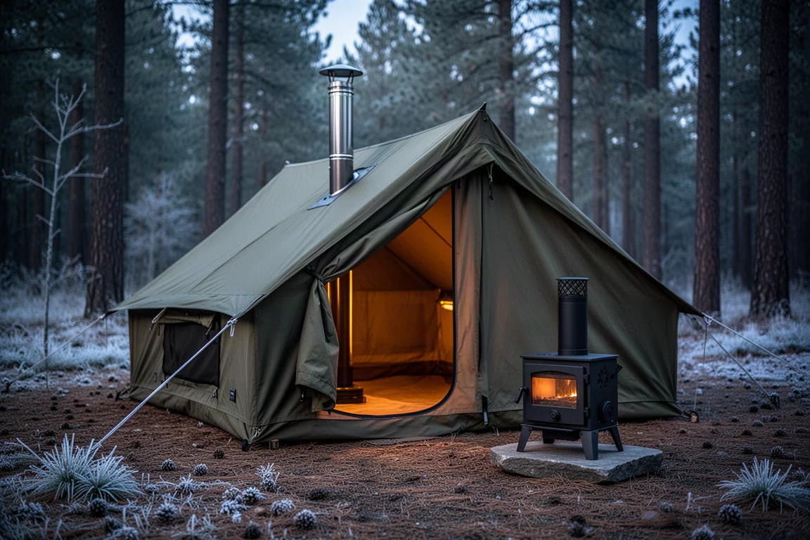 Olive four-season hot tent at dusk with a stovepipe and a folding wood stove beside it