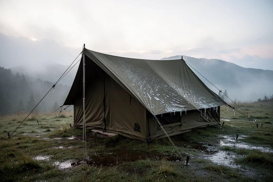 Four-season hot tent pitched on frosted forest floor at dawn with smoke from the stovepipe