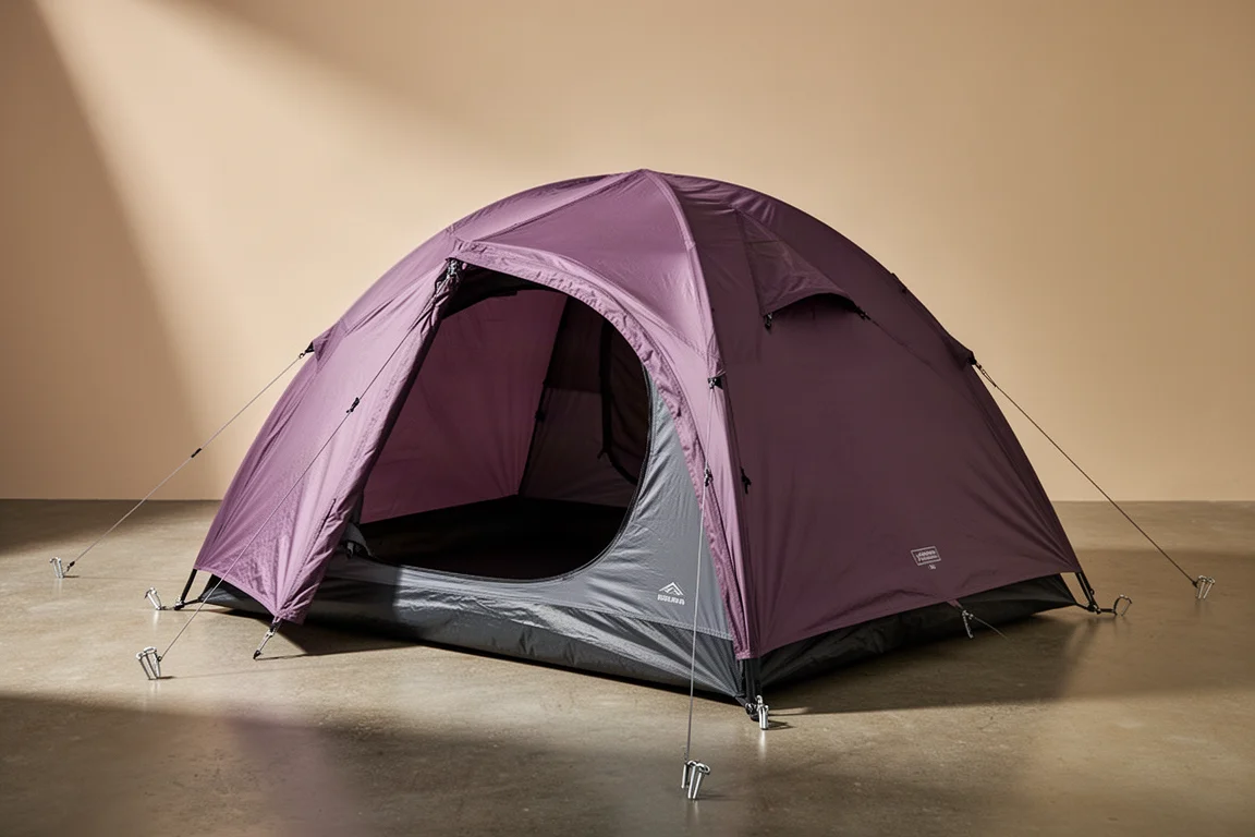 Purple two-person dome tent pitched on a neutral concrete surface in studio light