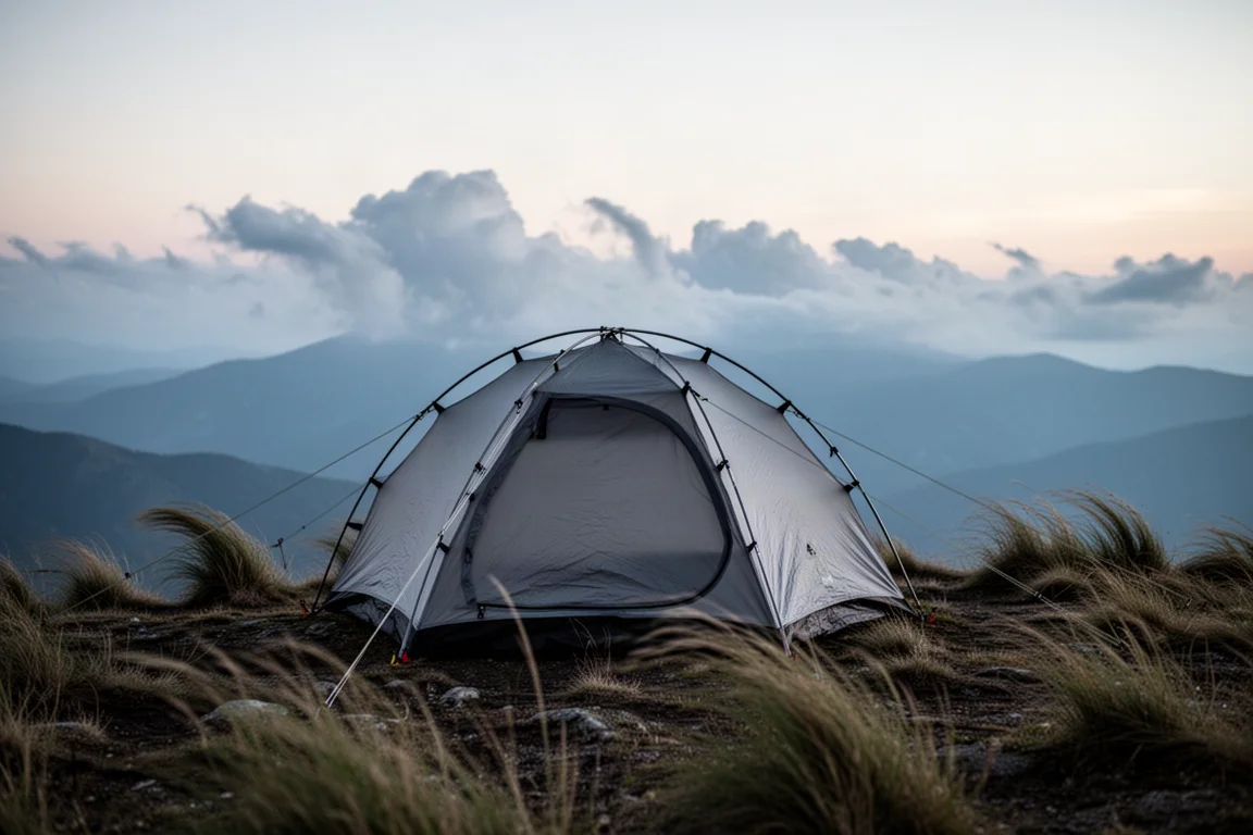 Lightweight backpacking tent pitched on a windswept mountain ridge at dusk