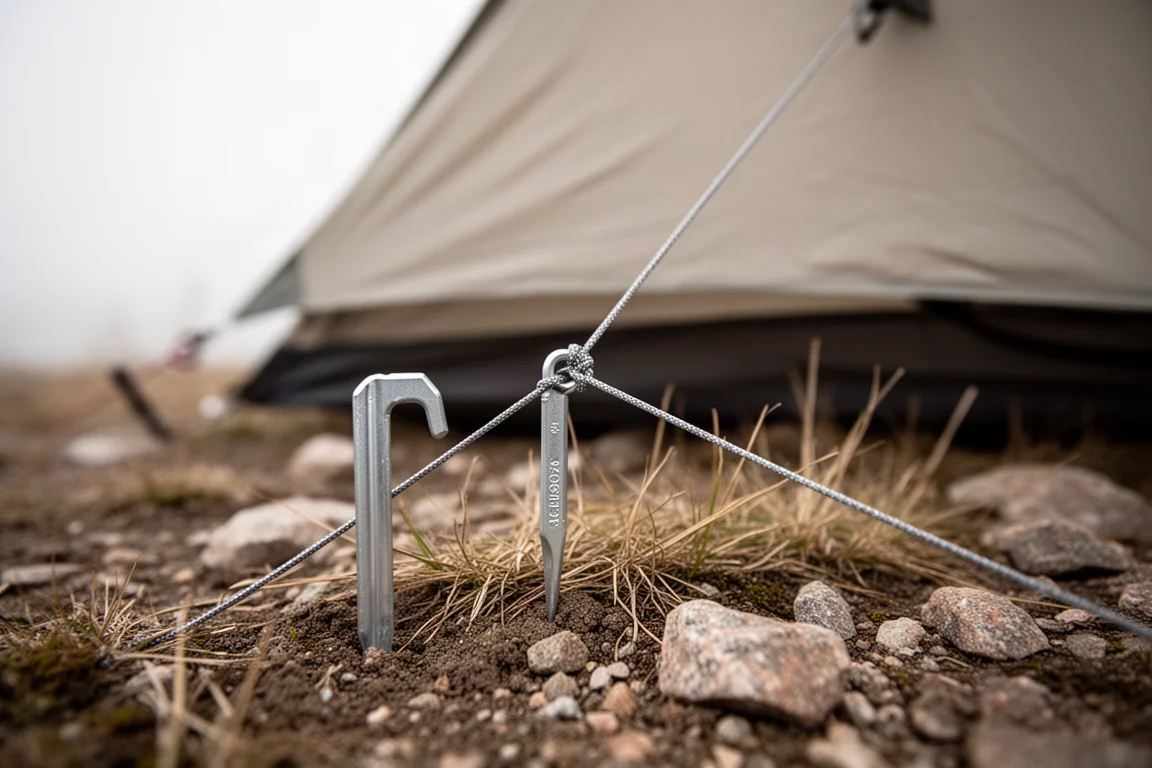 Close-up of a taut tent guy line and aluminium stake in rocky mountain soil