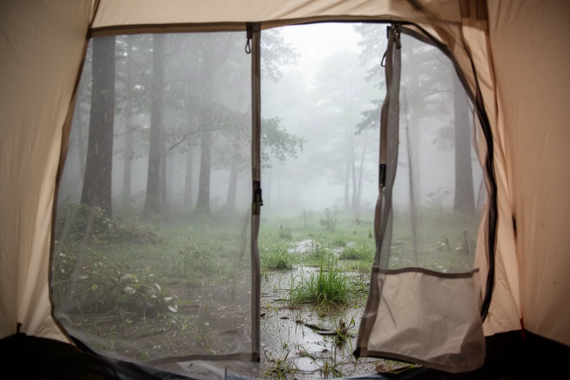 View from inside a tent through mesh inner looking out at fog and rain