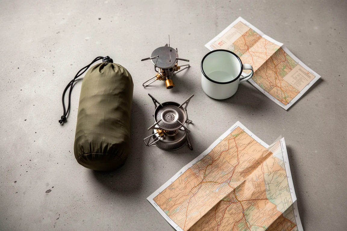 Packed tent stuff sack laid flat with stove, mug and map on concrete