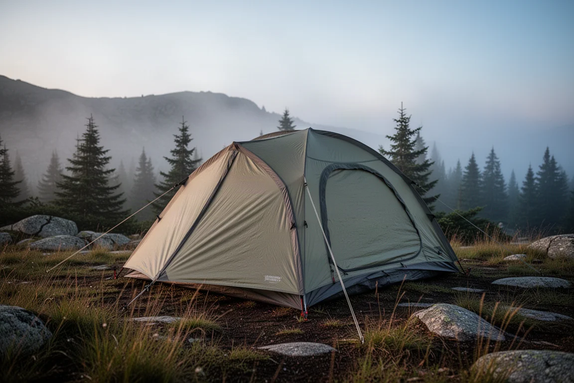 Lightweight olive backpacking tent pitched on a misty mountain clearing at dusk