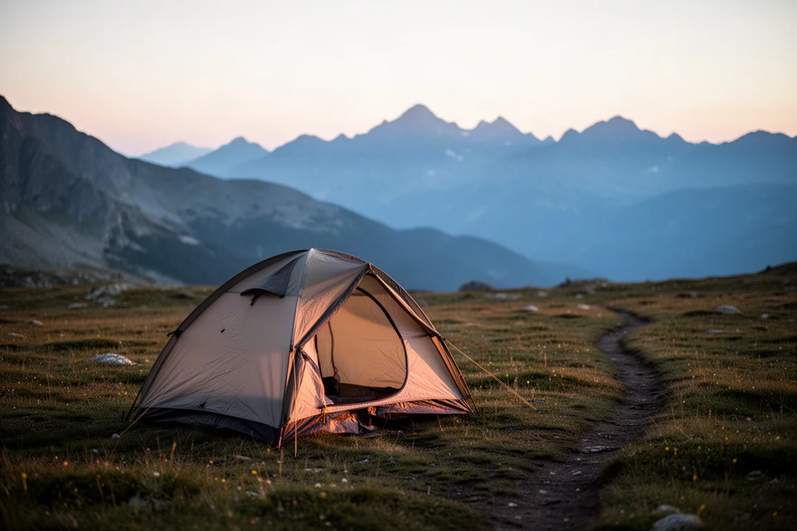 Compact backpacking tent pitched on an alpine plateau at dusk with distant ridgelines