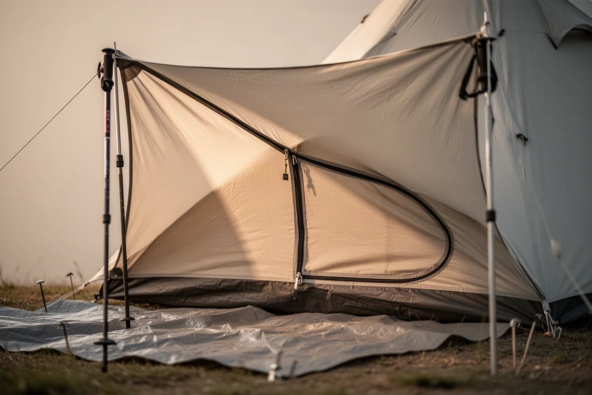 Tent door panel lifted into a full awning by a trekking pole, extra zipper visible