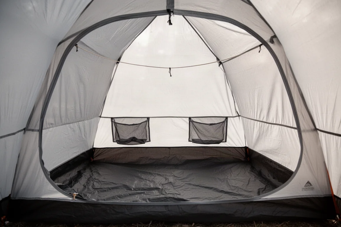 Interior of a two-person tent with mesh walls, bathtub floor and mesh pockets