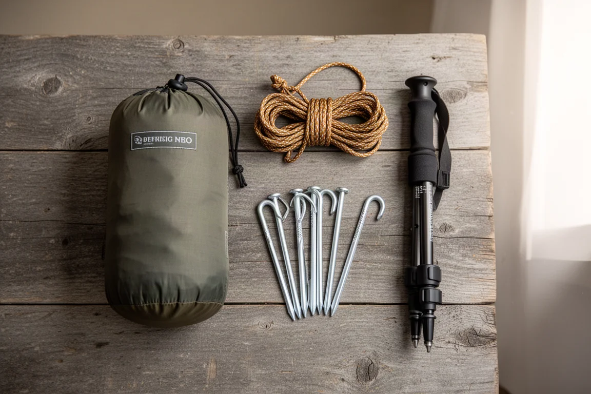 Flat lay of a packed tent stuff sack, guy line, aluminum stakes and a trekking pole