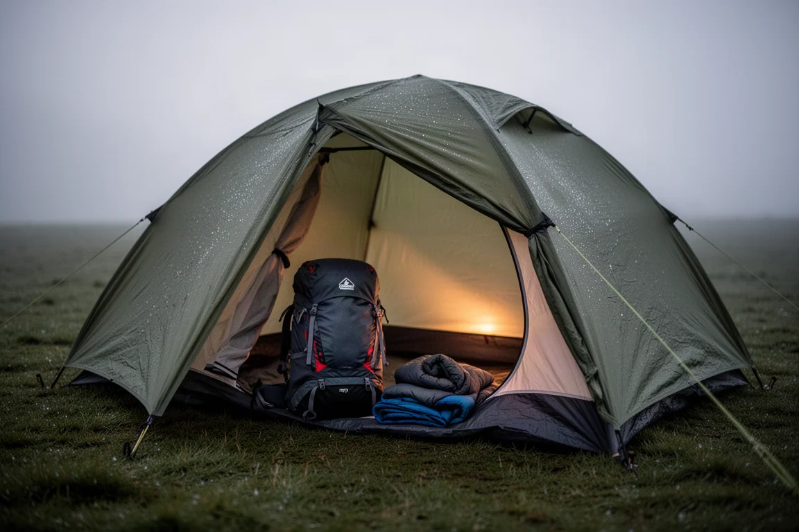 Opgezette backpacktent in de schemering met een open vestibule en een rugzak erin