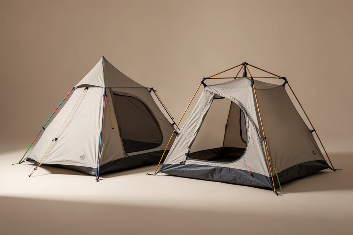 Two lightweight two-person backpacking tents pitched side by side on a neutral surface